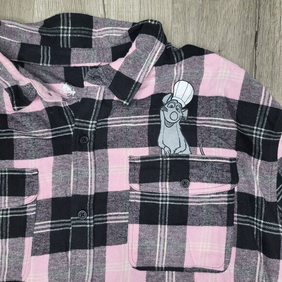 Disney Ratatouille Plaid Button-Up Shirt With Remy Embroidery Size L Pink black - Picture 8 of 8